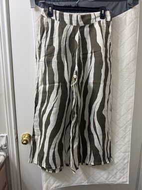 Women’s Striped Wide-Leg Linen Pants - Olive & White